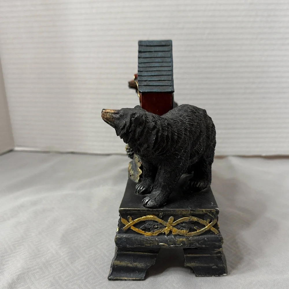 Vintage Rustic Woodlands Black Bear Mantel Clock Resin Leaf Pine Cone Accent